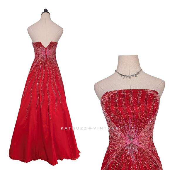 Alyce Prom Dress Maxi Gown XS Red Silk Princess Glam Strapless Y2K Bead Pink - Picture 3 of 16